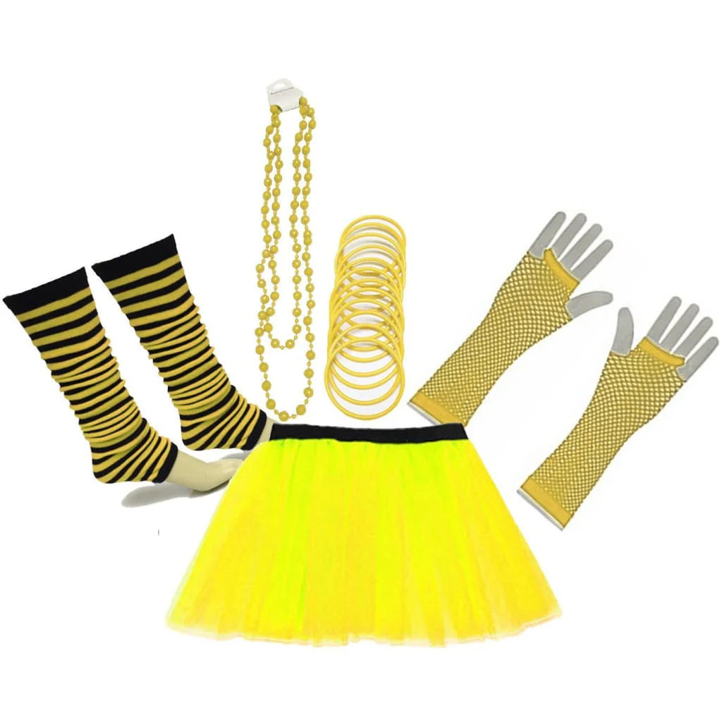 Neon UV Tutu Skirt Stripe Leg Warmer Gummies Beads Hen Fancy Dress Party Costumes Set - Adult Size 6 to 26 - Image 11