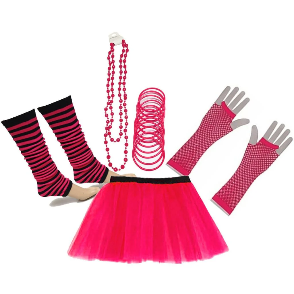 Neon UV Tutu Skirt Stripe Leg Warmer Gummies Beads Hen Fancy Dress Party Costumes Set - Adult Size 6 to 26 - Image 4