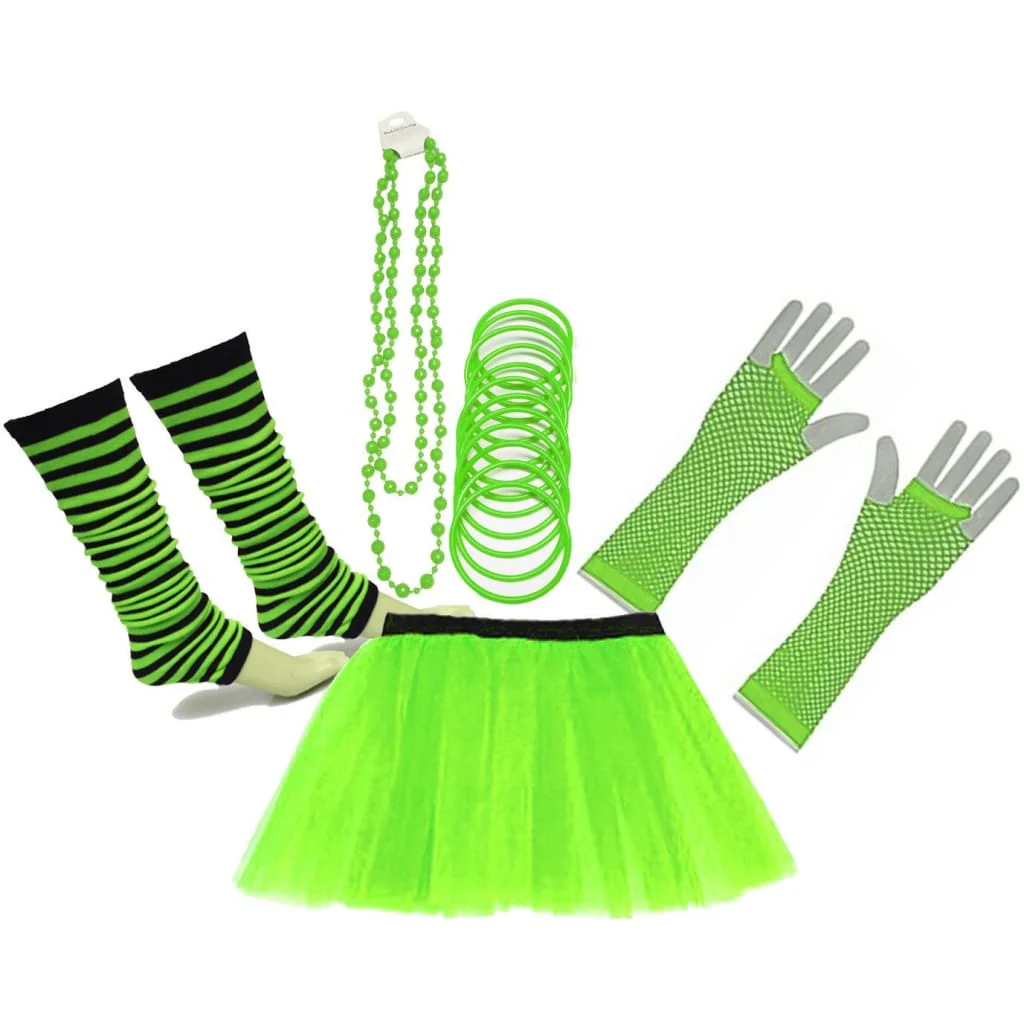 Neon UV Tutu Skirt Stripe Leg Warmer Gummies Beads Hen Fancy Dress Party Costumes Set - Adult Size 6 to 26 - Image 5