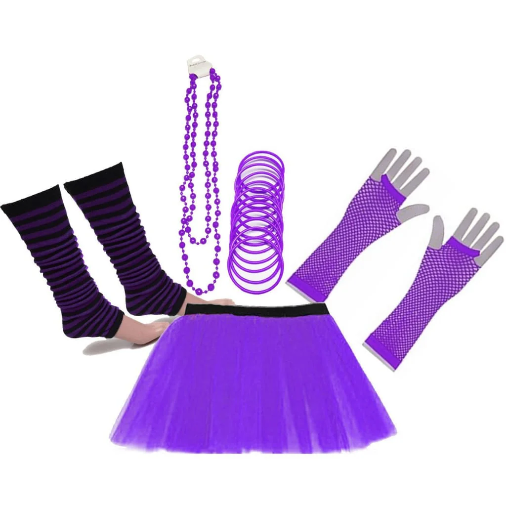 Neon UV Tutu Skirt Stripe Leg Warmer Gummies Beads Hen Fancy Dress Party Costumes Set - Adult Size 6 to 26 - Image 6