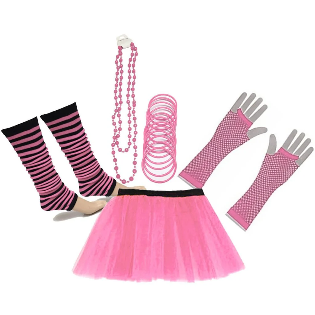 Neon UV Tutu Skirt Stripe Leg Warmer Gummies Beads Hen Fancy Dress Party Costumes Set - Adult Size 6 to 26 - Image 9