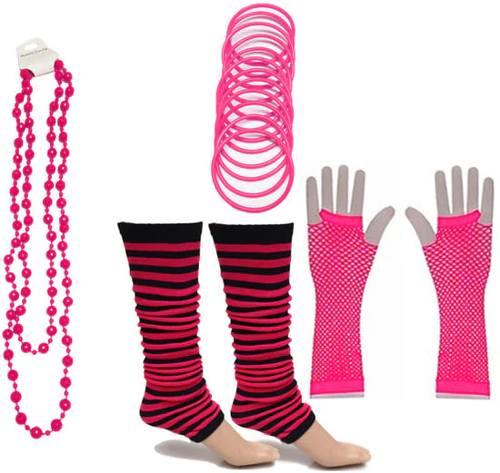 Neon 80s Fancy Dress Hen Party Tutu Costumes Set Stripe Leg warmers Gloves Necklace - One Size Fits All - Image 4
