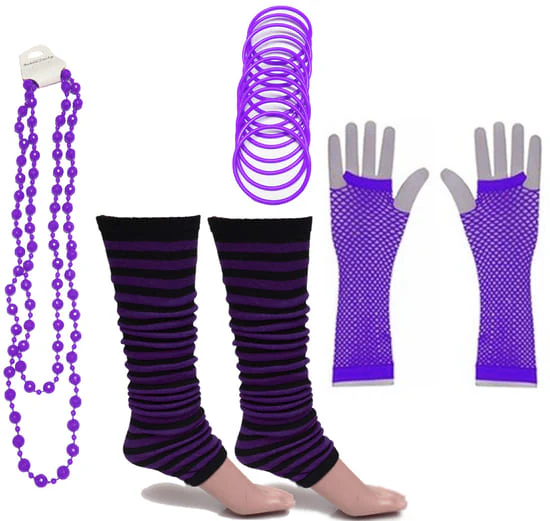 Neon 80s Fancy Dress Hen Party Tutu Costumes Set Stripe Leg warmers Gloves Necklace - One Size Fits All - Image 7