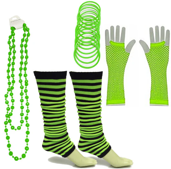 Neon 80s Fancy Dress Hen Party Tutu Costumes Set Stripe Leg warmers Gloves Necklace - One Size Fits All - Image 8