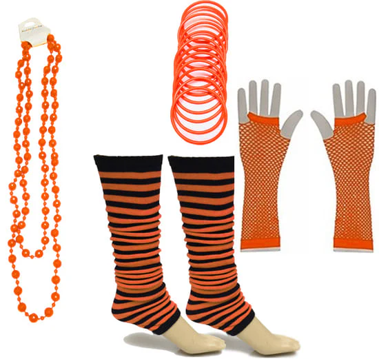 Neon 80s Fancy Dress Hen Party Tutu Costumes Set Stripe Leg warmers Gloves Necklace - One Size Fits All - Image 9