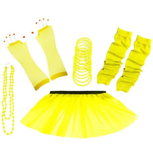 1980's Neon UV Tutu Skirt Plain Solid Leg Warmer Gummies Beads Hen Fancy Dress Party Costumes Set - Adult Size 6 to 26 - Image 10